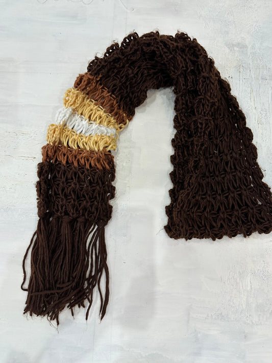BEST PICKS | brown and yellow crochet scarf with tassel detail