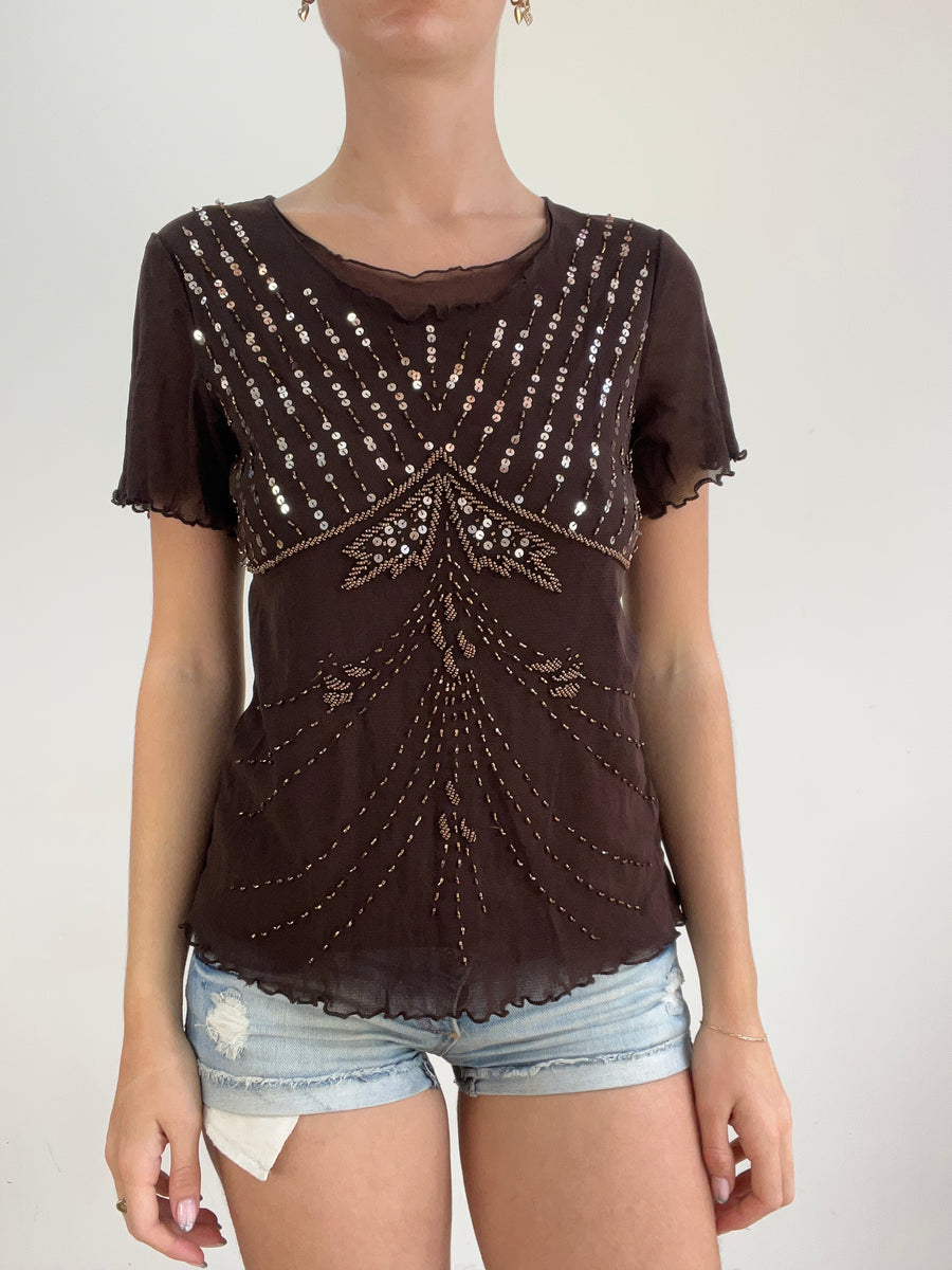 Top-Auswahl | Mittelbraunes Short-Seleve-Top aus Mesh mit Pailletten-Detail