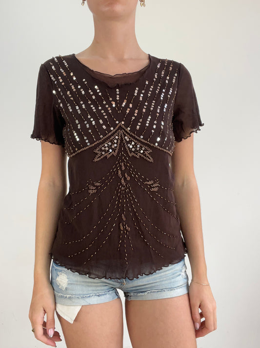 BEST PICKS | medium brown mesh short sleeve top with sequin detail