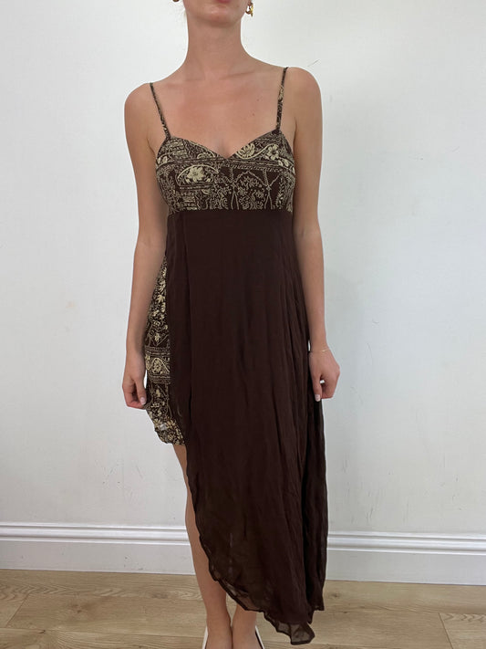vintage edit: wedding guest | small brown asymmetric maxi dress with paisley print