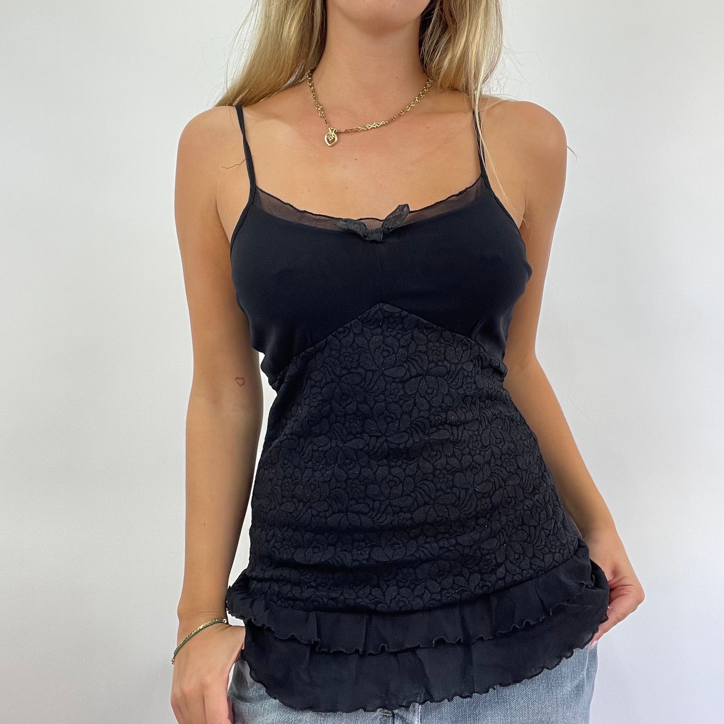 GRUNGE COQUETTE DROP | small black sparkly ruffle top