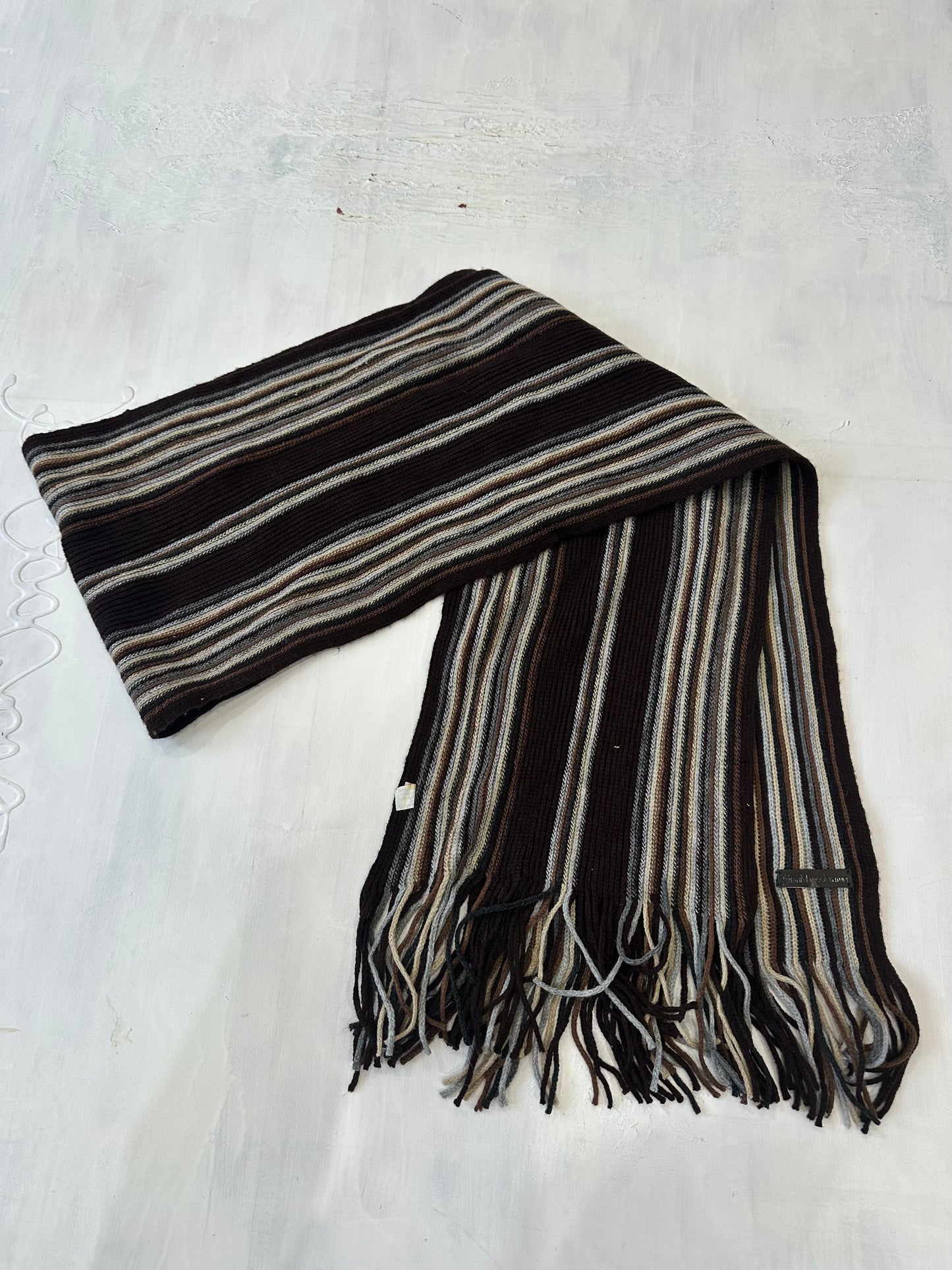winter edit | brown and cream striped knit tassel scarf