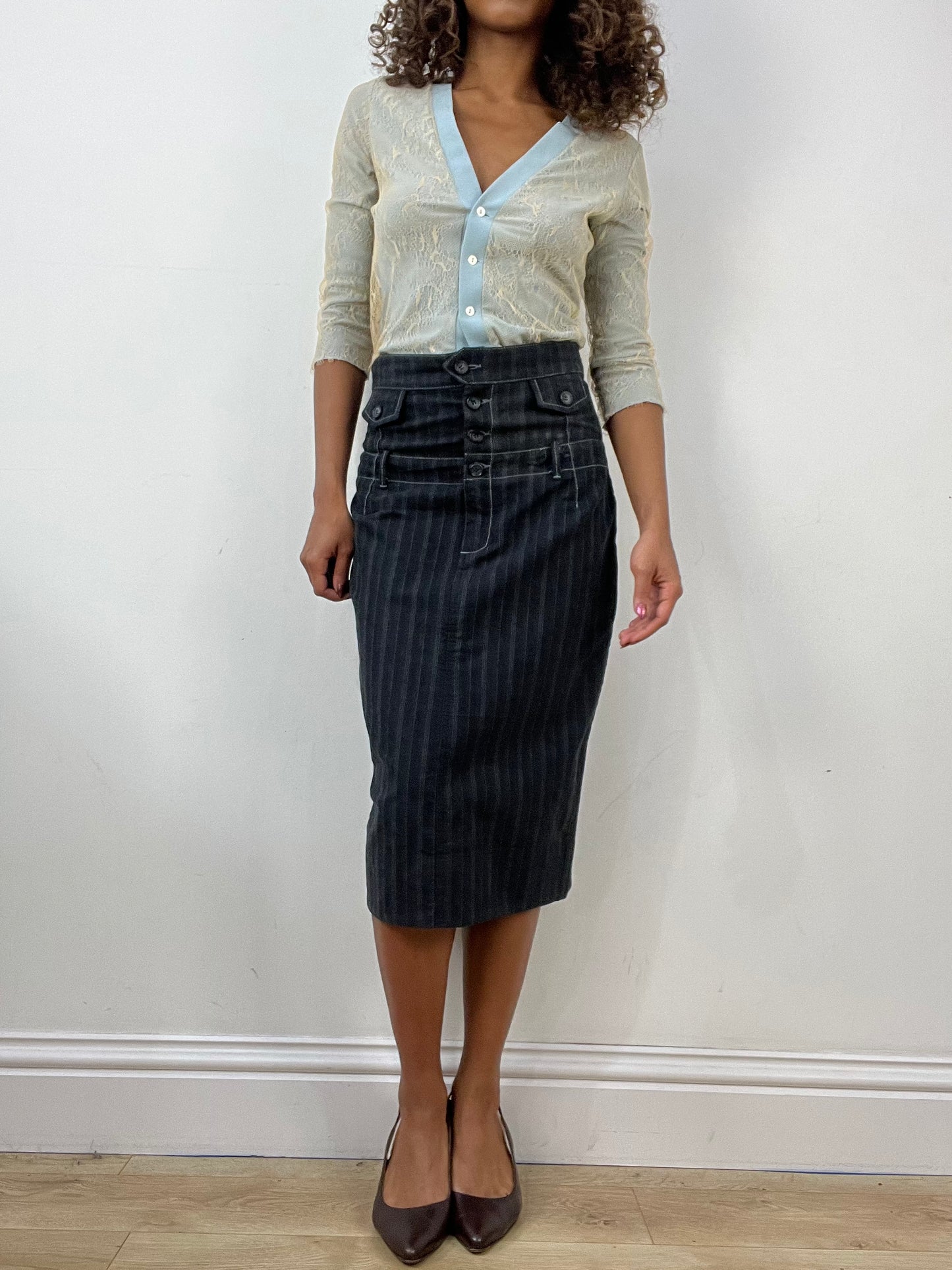 vintage edit thirty-four | small blue button up top with lace overlay