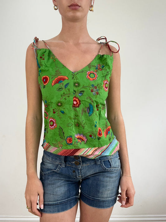 💻‼️ green floral print tie strap top