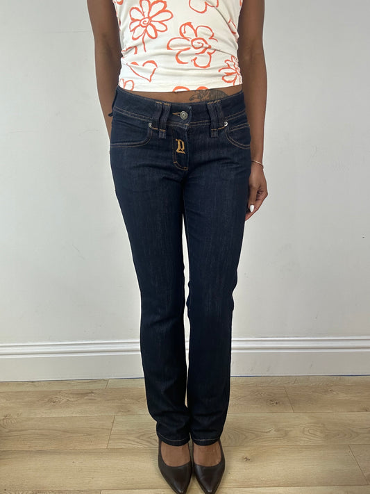 vintage edit eighteen | small blue denim galliano jeans with diamanté lettering