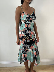 vintage edit: festival | medium blue and black floral midi dress with asymmetric hem