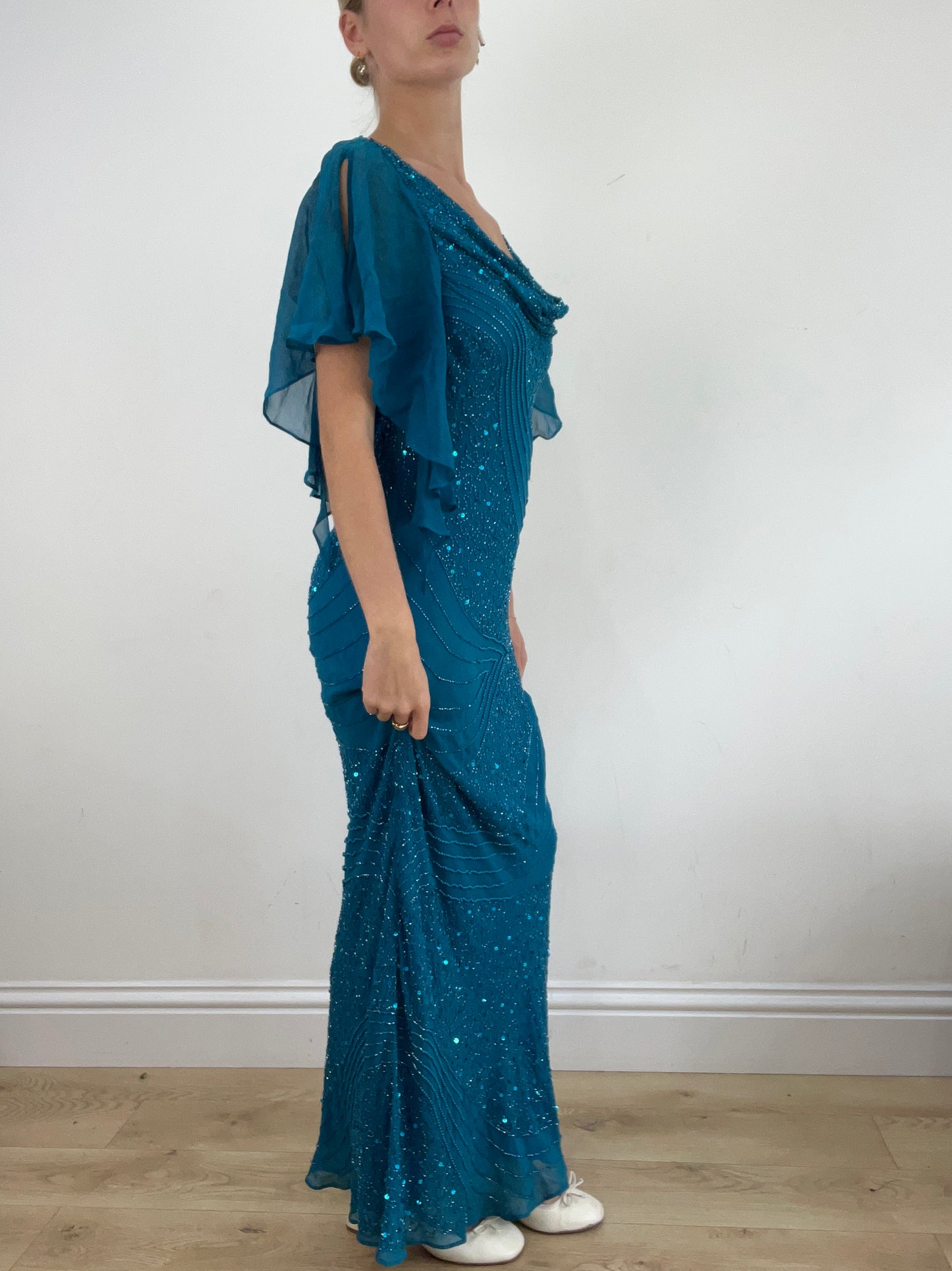 summer edit | medium blue maxi dress with mesh sleeves and beads