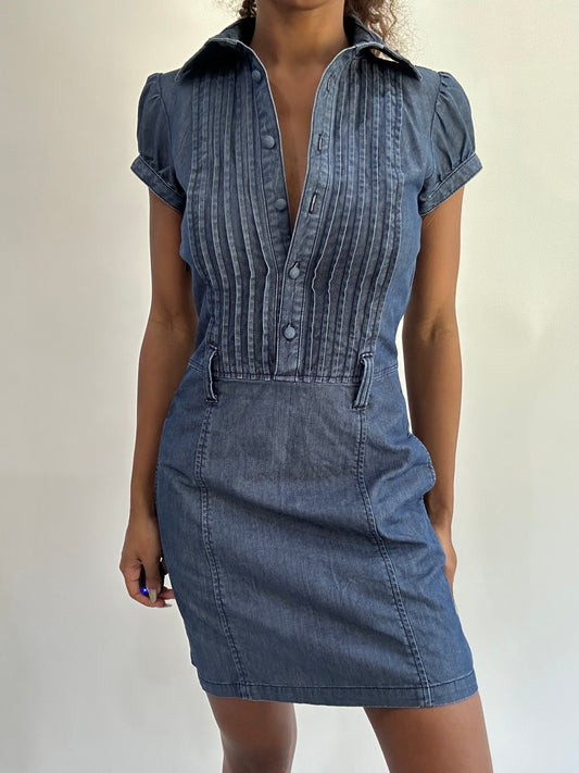 wag drop | small blue denim button up mini dress