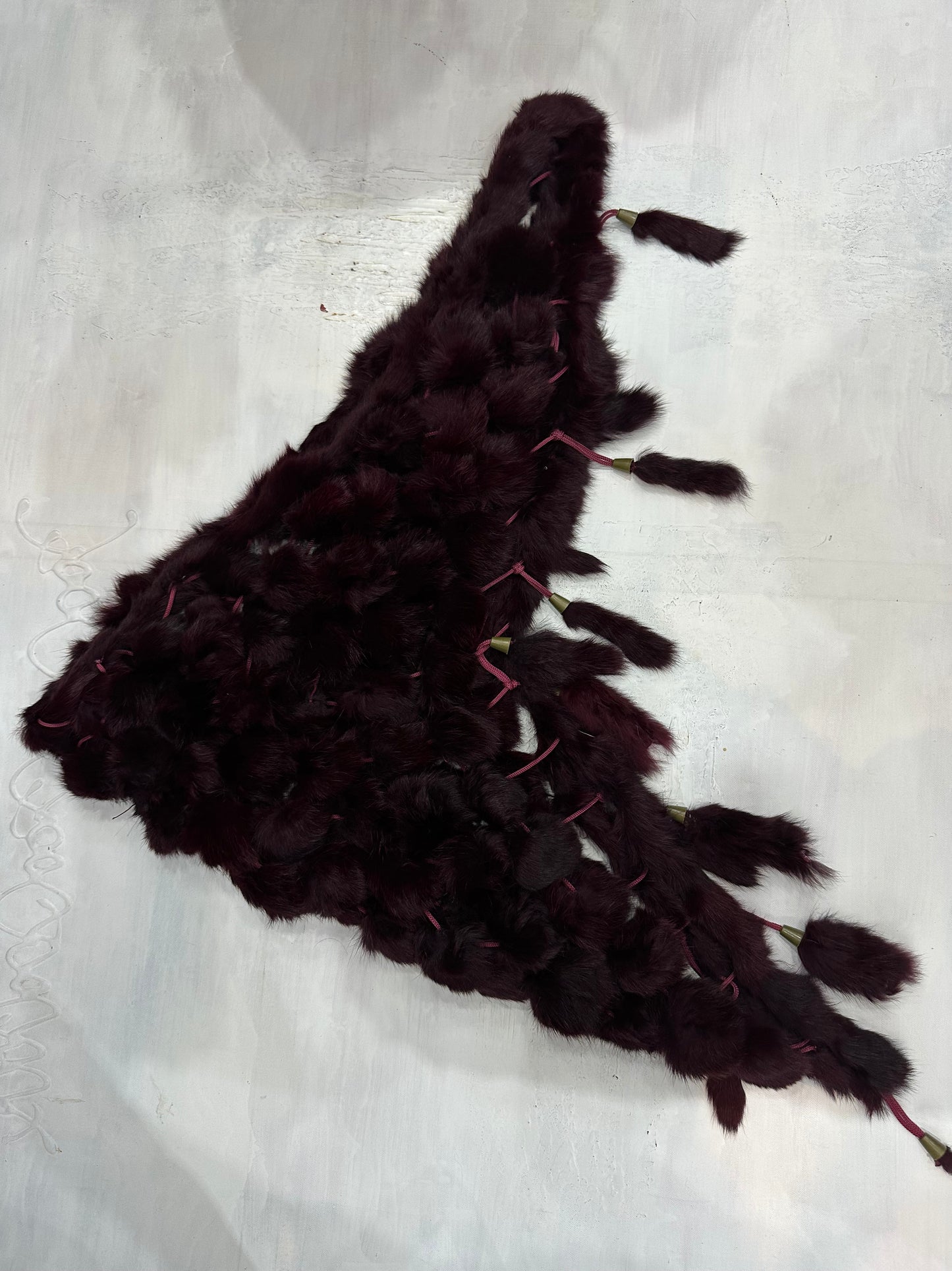 vintage edit thirty-four | small burgundy pom pom faux fur shawl