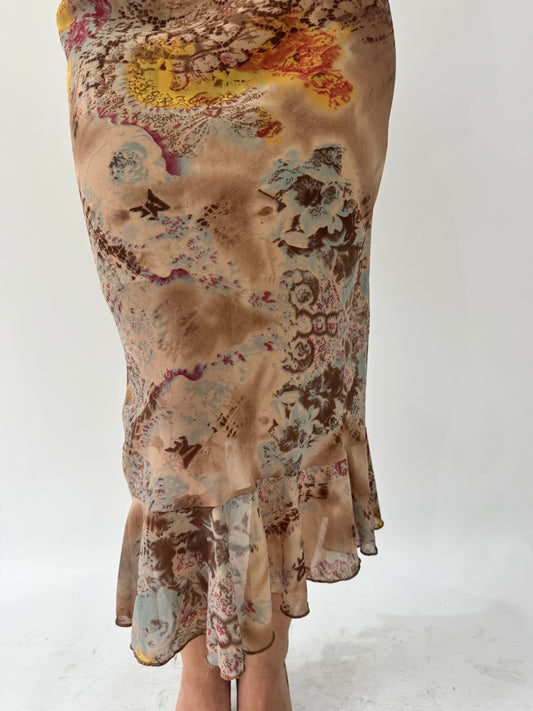 french summer drop | extra small/small brown floral midi skirt
