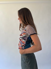 back to school drop | small custo barcelona orange and white patterned top
