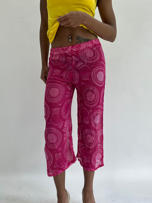 💚zara larsson drop | small pink patterned sheer cropped trousers