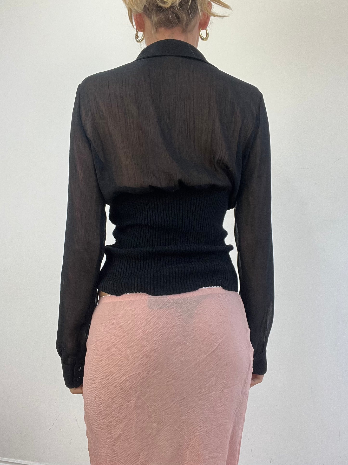 vintage edit eleven | medium black semi sheer ruffle long sleeve shirt