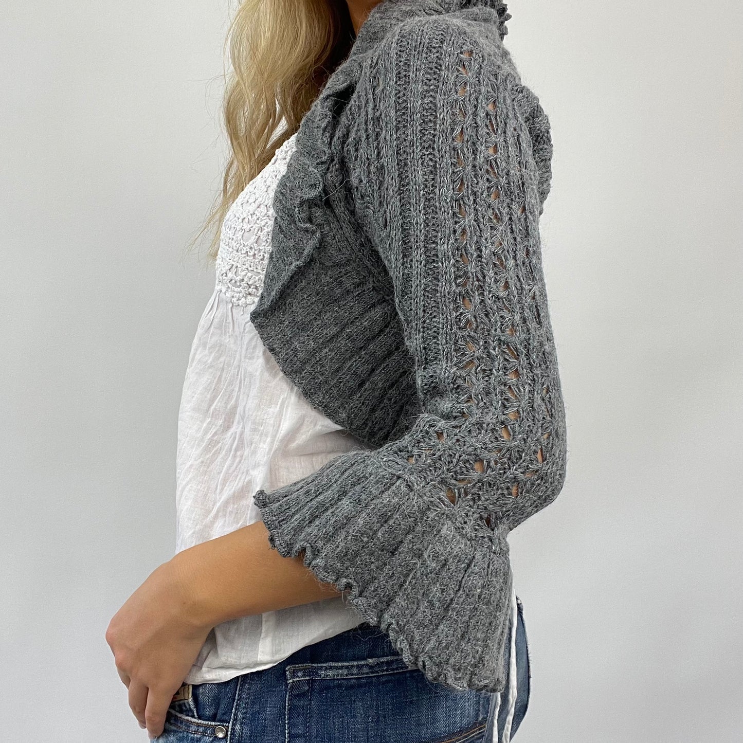 COASTAL GRANDMA DROP | small grey knit bolero cardigan