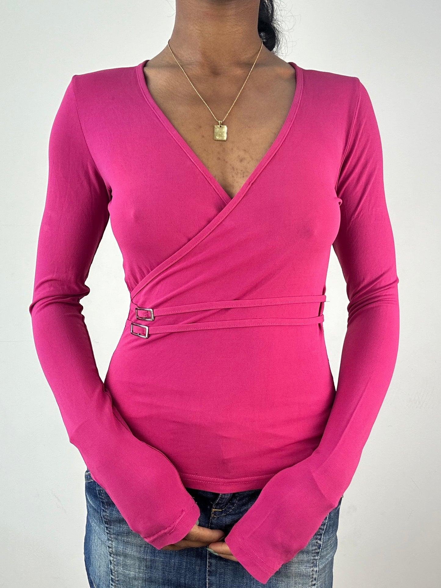 vintage edit: tops | small hot pink long sleeve wrap top with silver buckle details