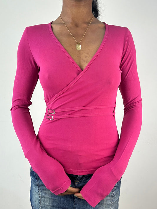 vintage edit: tops | small hot pink long sleeve wrap top with silver buckle details
