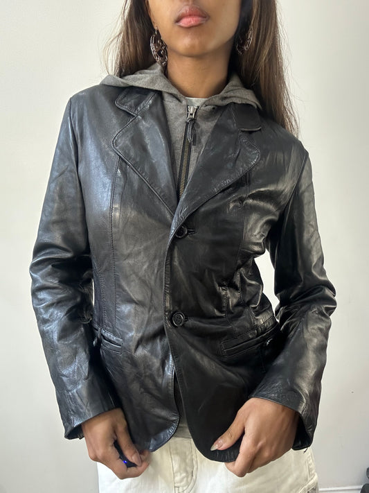 2016 edit | small black leather blazer jacket with built in hoodie