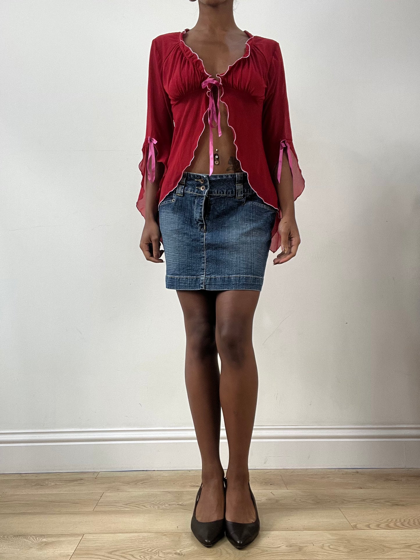 LFW edit | medium denim mini skirt with red embroidery detail