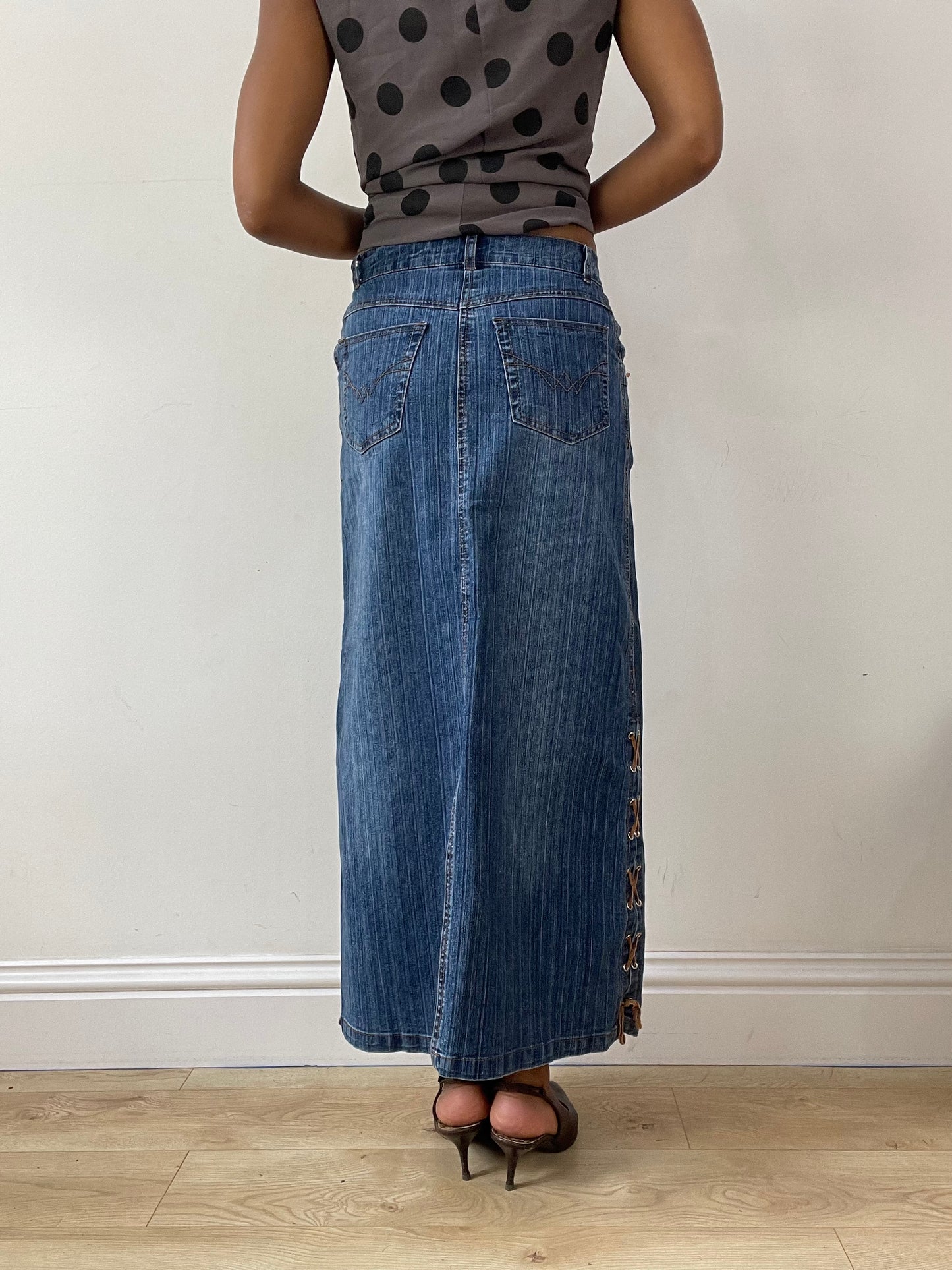 vintage edit twenty-nine | extra small blue denim maxi skirt with lace up detail