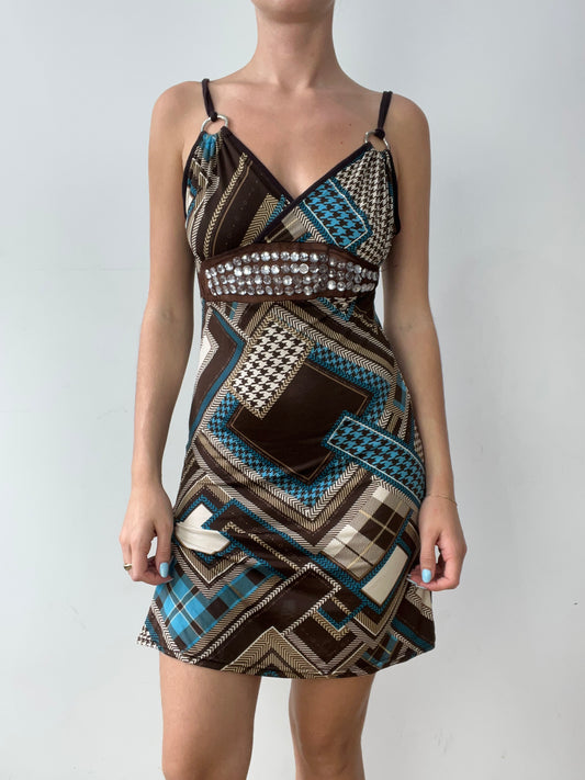 vintage edit thirty | brown and blue dress with abstract print
