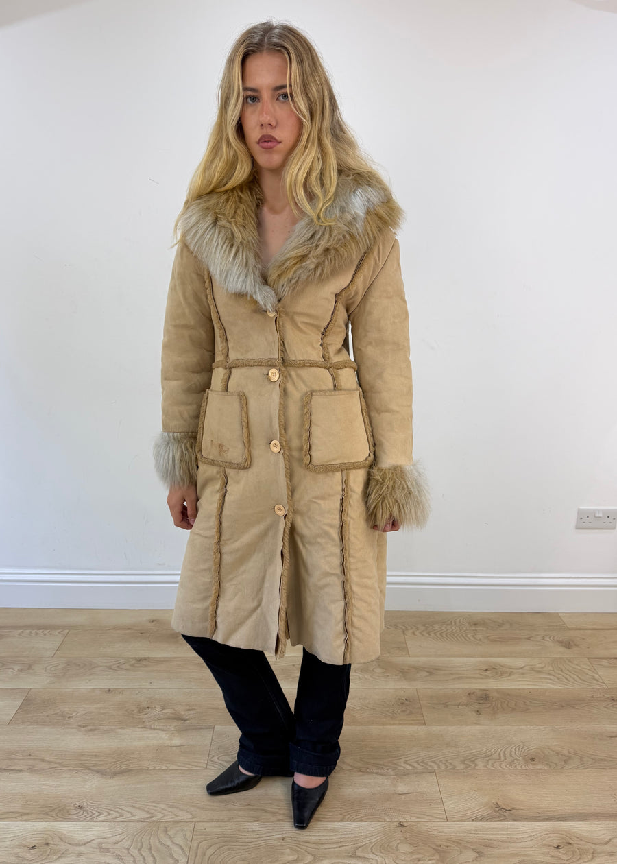 medium cream suede afghan coat with faux fur trim