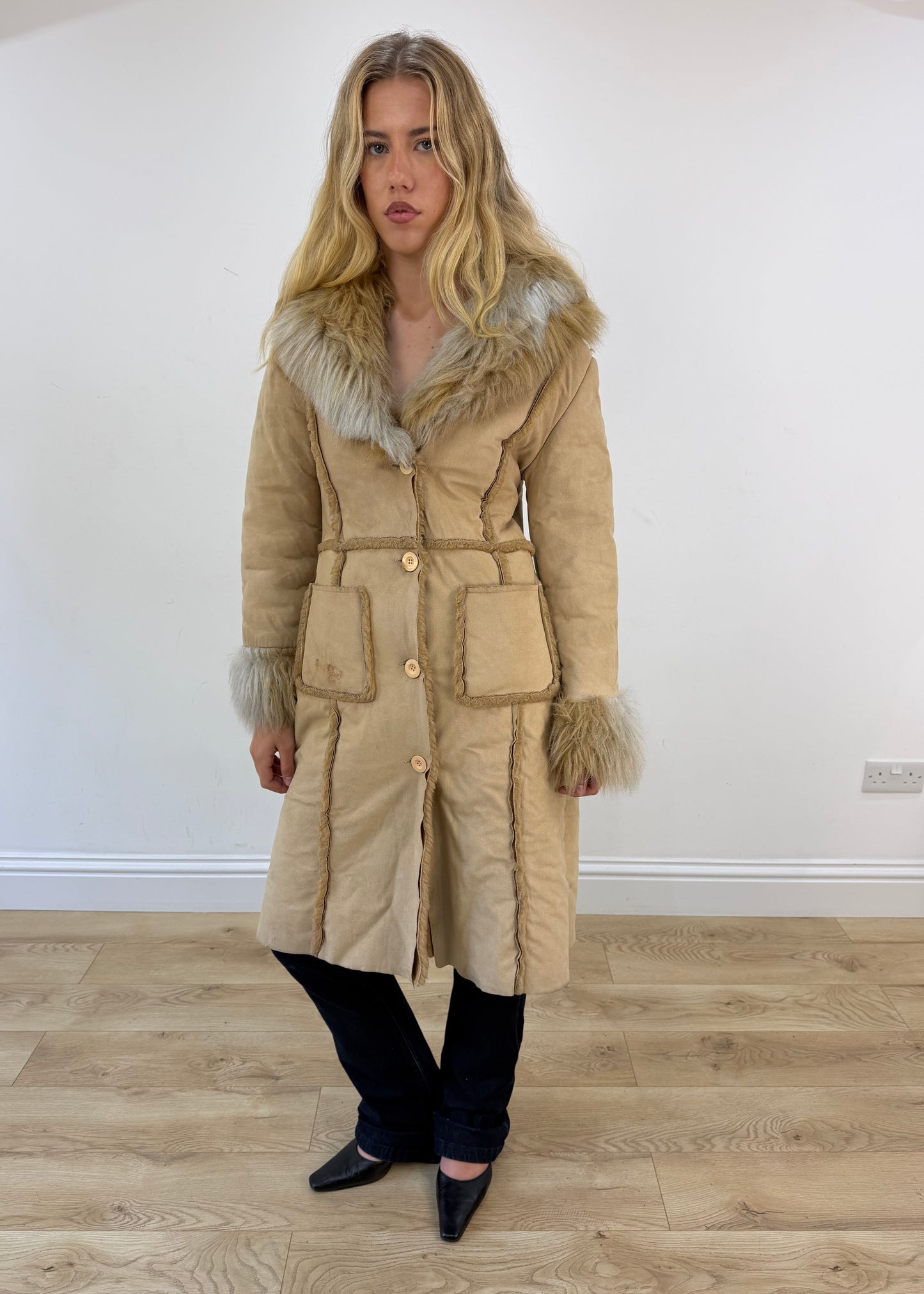 medium cream suede afghan coat with faux fur trim