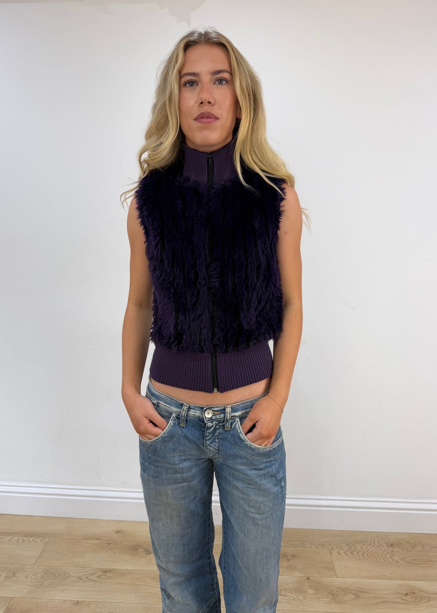 small purple faux fur gilet