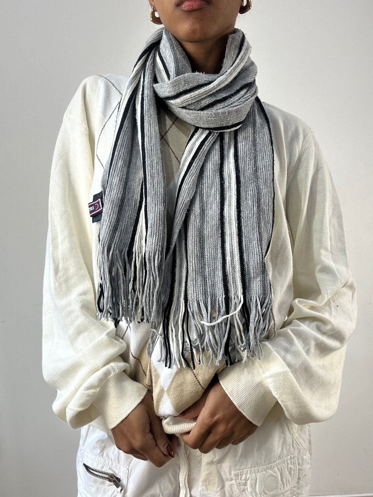 winter edit | grey and white striped cotton tassel scarf