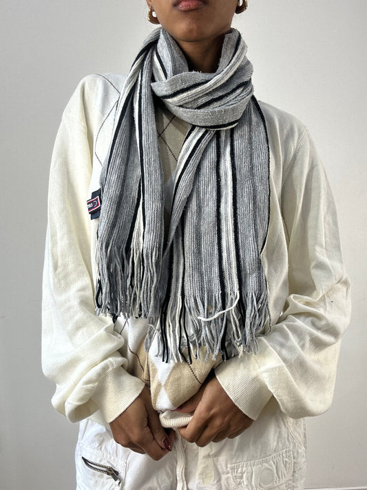 winter edit | grey and white striped cotton tassel scarf