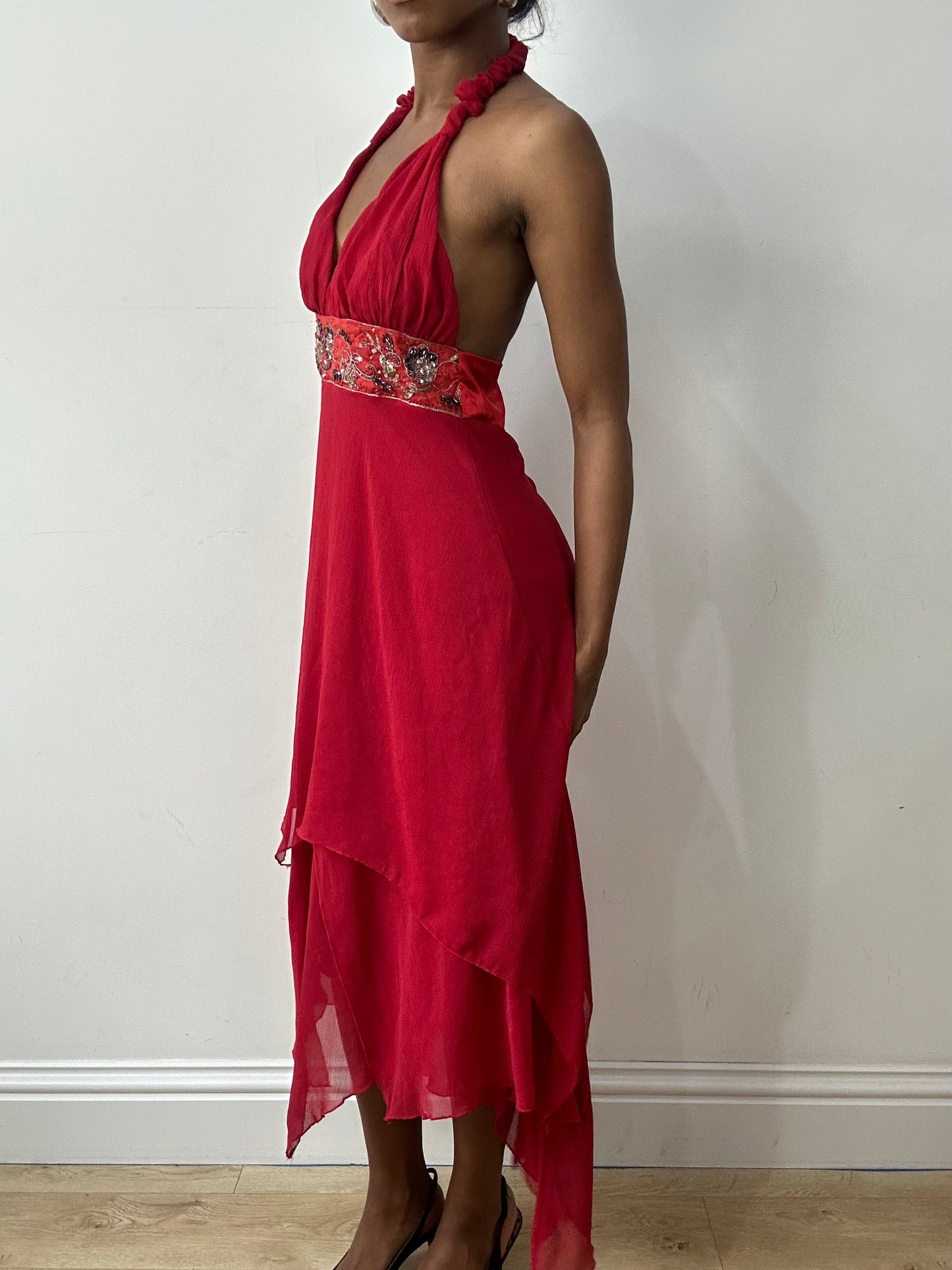 midsummer edit | small red halterneck maxi dress with beaded waist detail