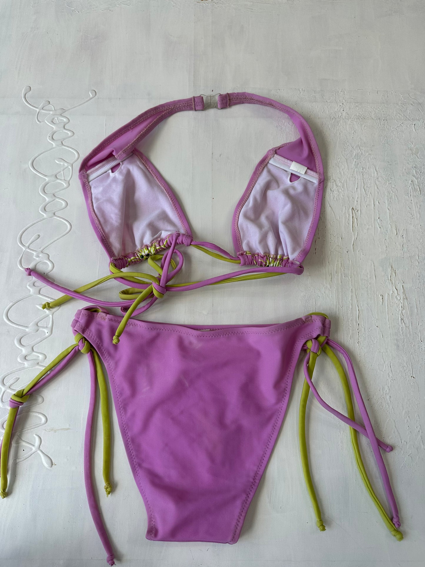 vintage edit twenty-nine | medium pink bikini set with green floral print