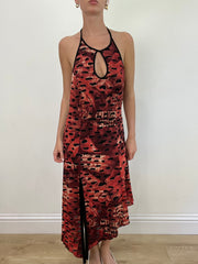 vintage edit: wedding guest | large red and burgundy halter neck maxi dress