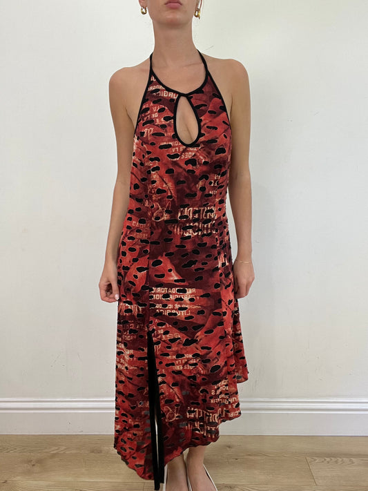 vintage edit: wedding guest | large red and burgundy halter neck maxi dress