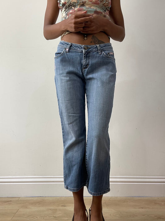 midsummer edit | small blue denim jeans with pink 'E' embroidery