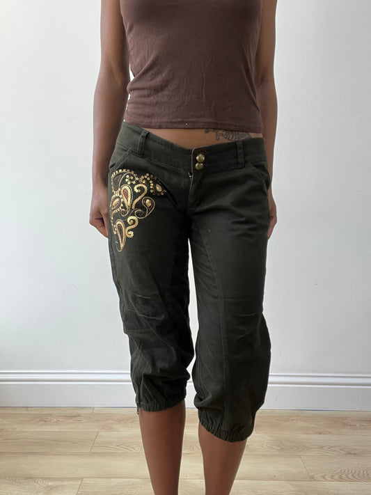 BEST PICKS | small brown capri trousers with gold sequins and zip detail