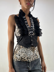 MOB WIFE DROP | small leopard print halterneck top with ruffle front detail