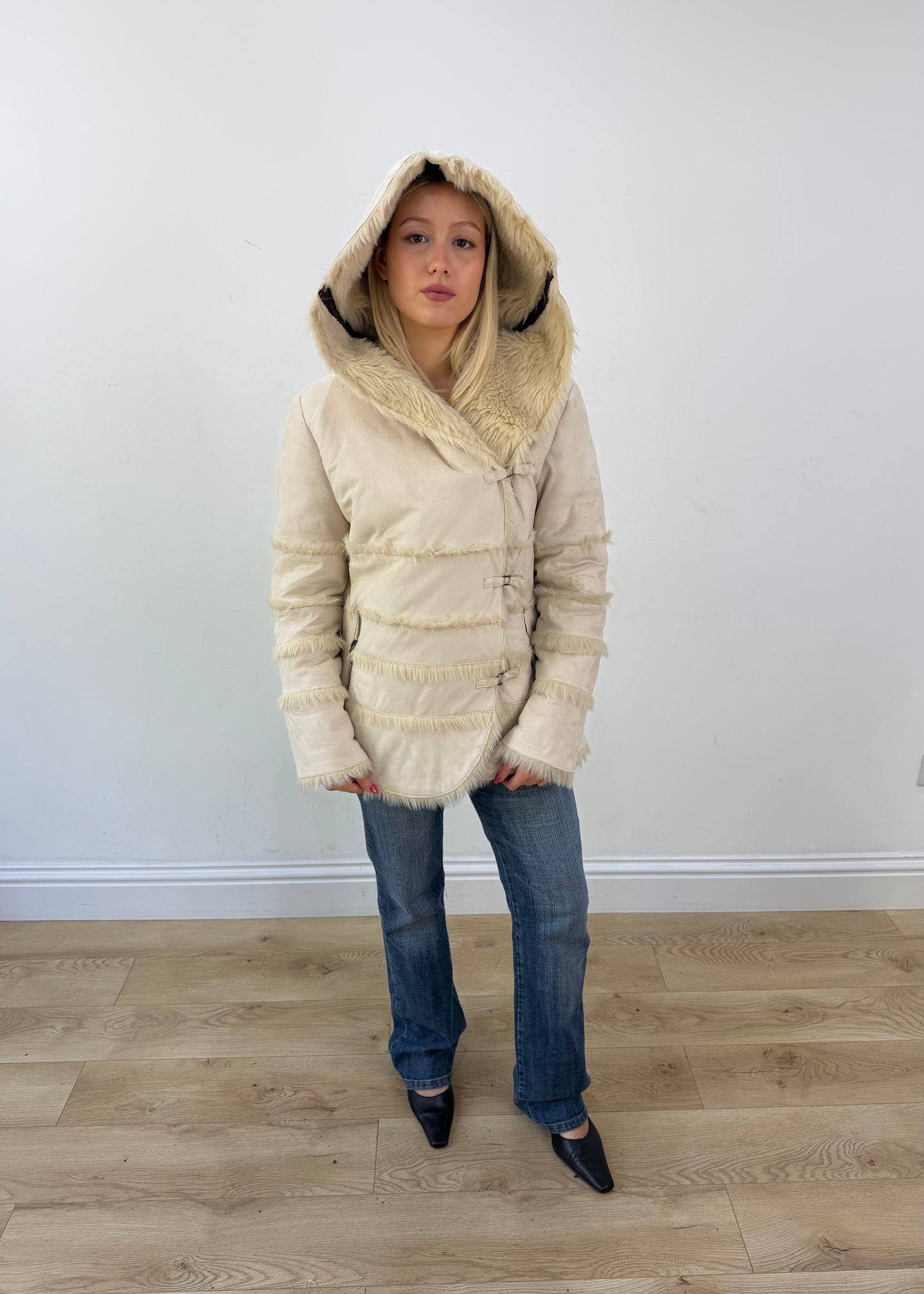 medium cream faux fur hooded jacket