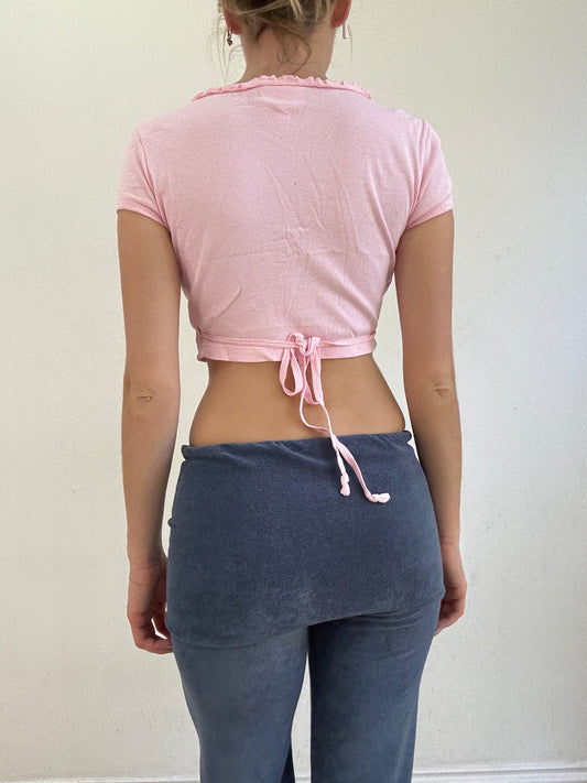 💻‼️ baby pink tie up wrap style cross over cardigan tee with frill detail