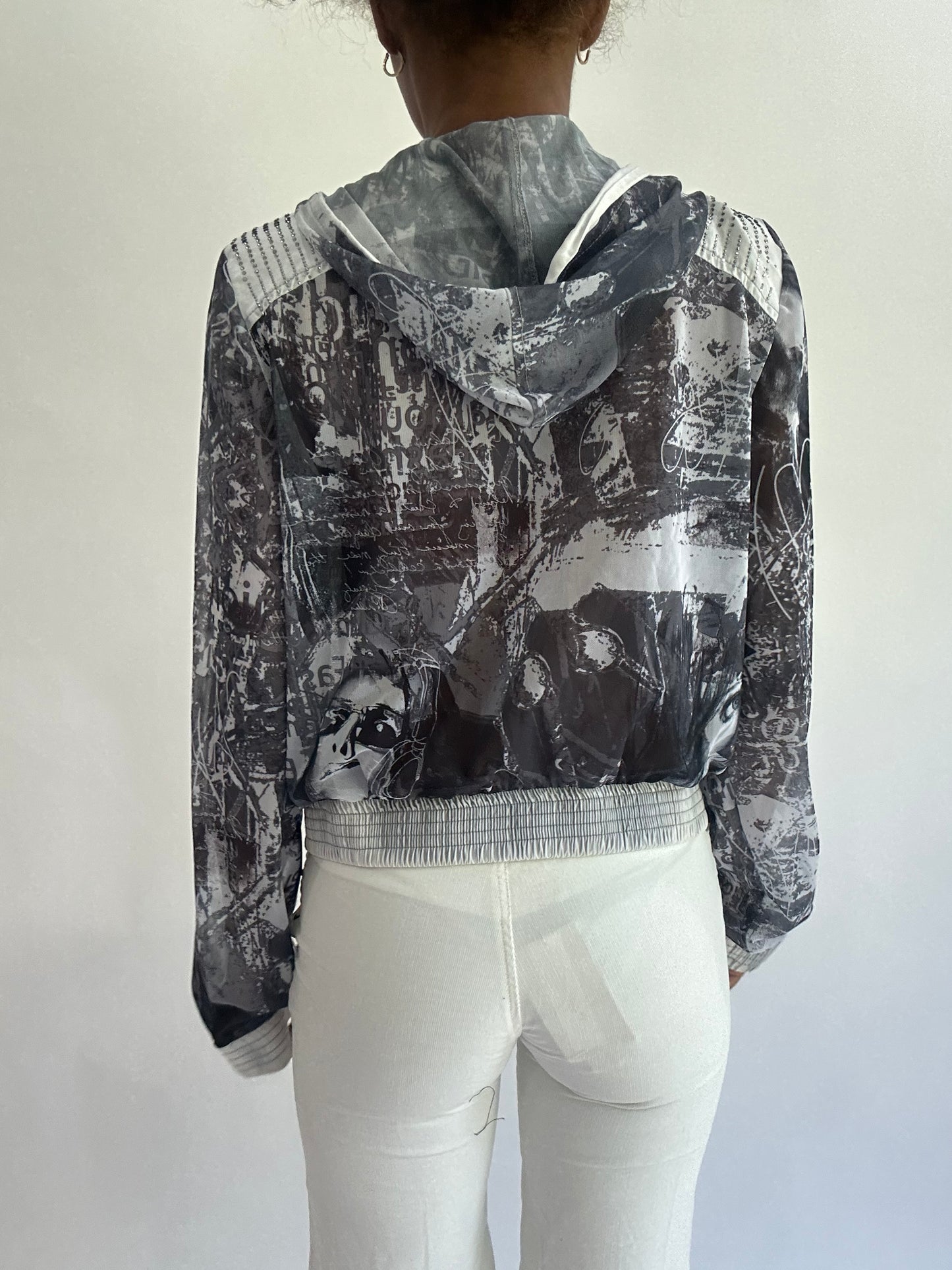 olivia rodrigo drop | small grey and white sheer zip up hoodie top