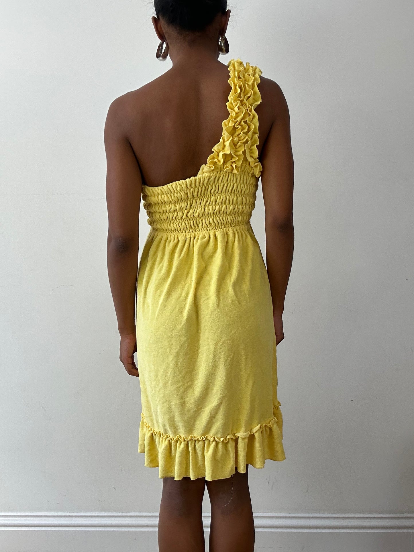 vintage edit twenty-seven | extra small yellow one shoulder towelling mini dress with ribbon detail
