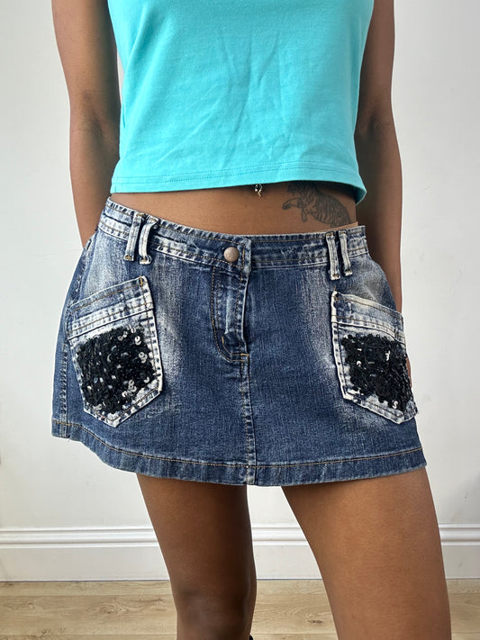 vintage edit eighteen | medium pimkie denim sequin mini skirt