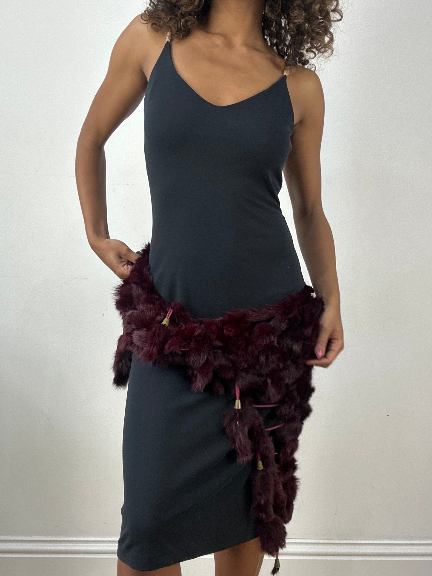 vintage edit thirty-four | small burgundy pom pom faux fur shawl