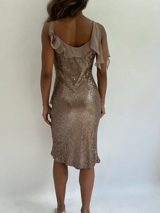 wedding guest drop | extra small/small beige sequin midi dress