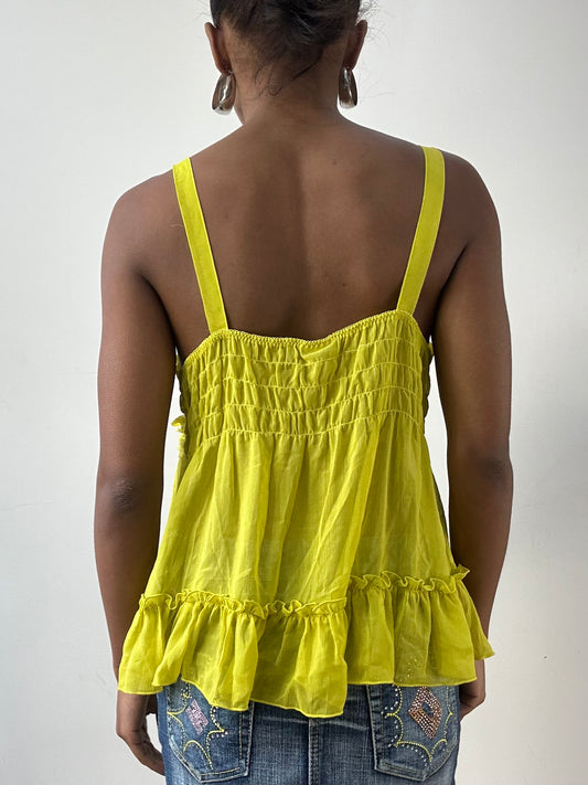 LFW edit | small yellow cami top with lace style trim