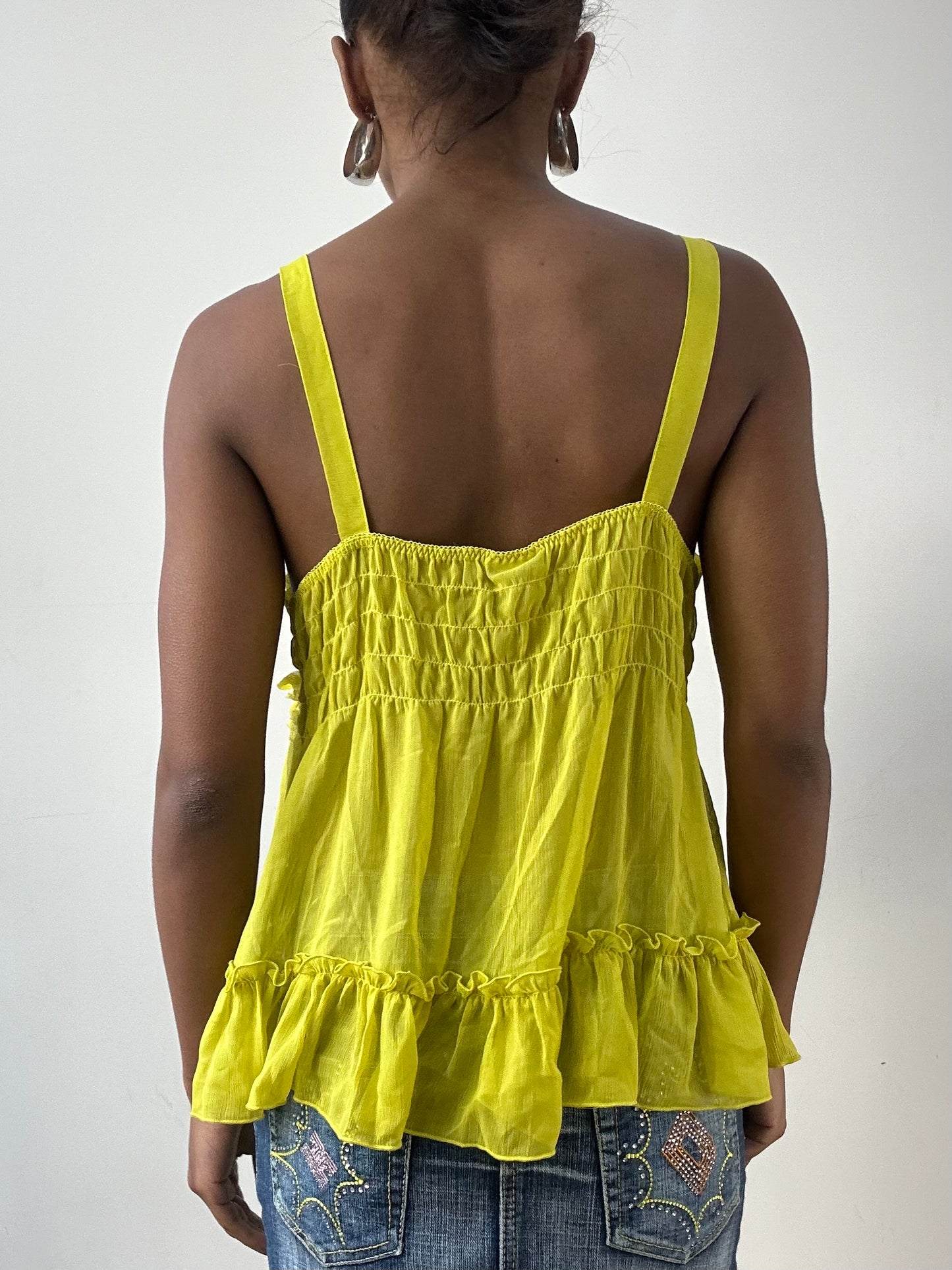 LFW edit | small chartreuse cami top with lace style trim