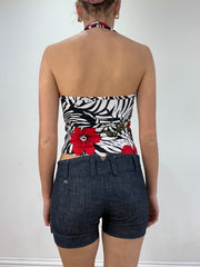 vintage edit seventeen | small black and red floral halterneck top