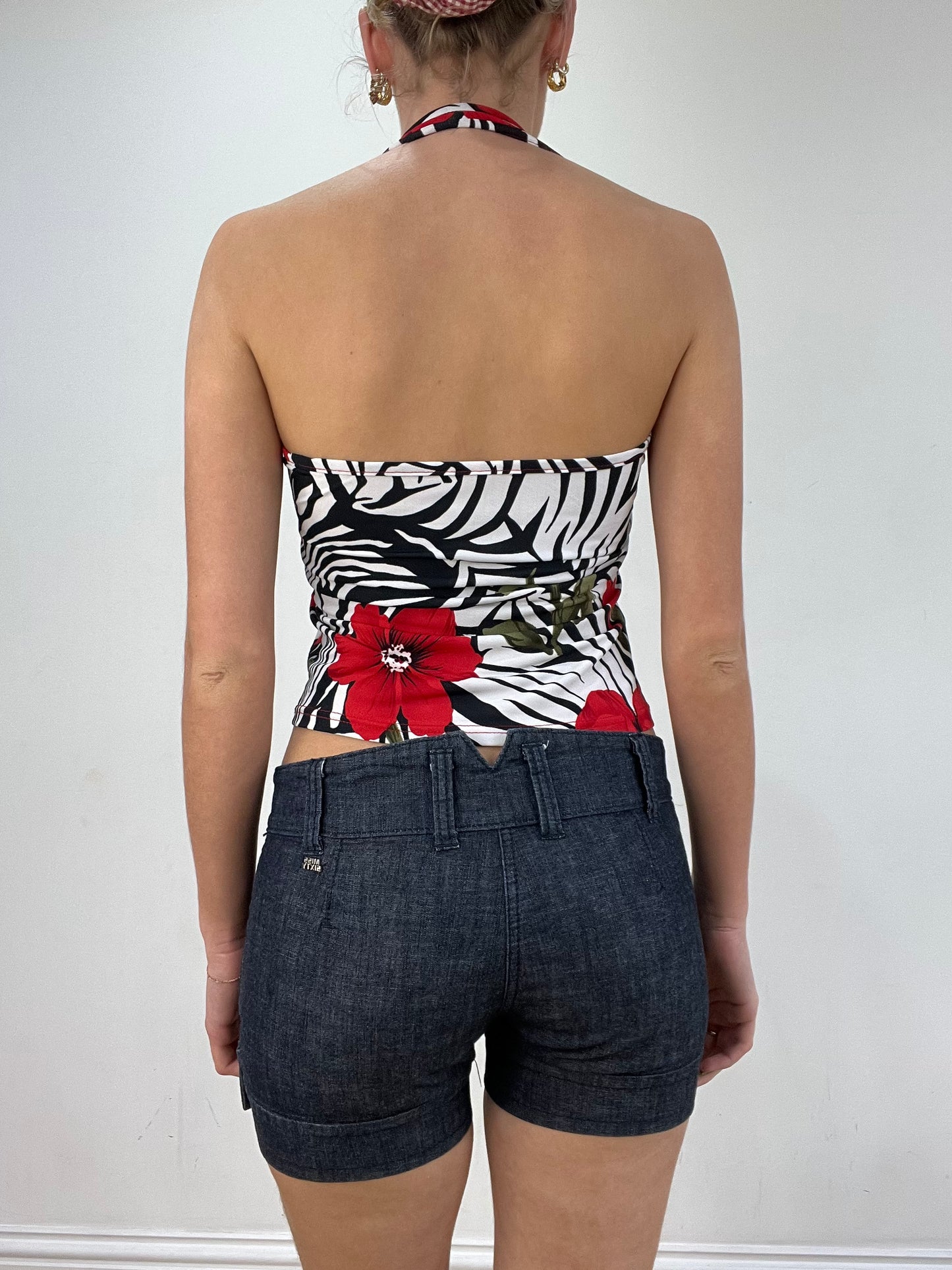 vintage edit seventeen | small black and red floral halterneck top
