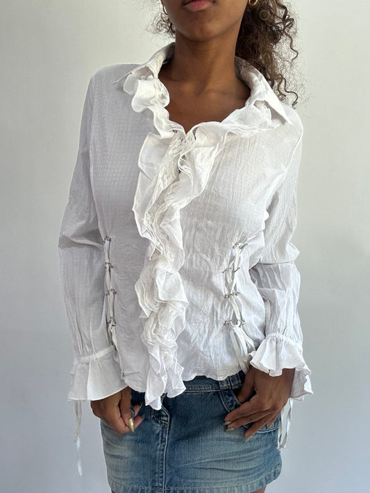 wag drop | small white long sleeve ruffle top