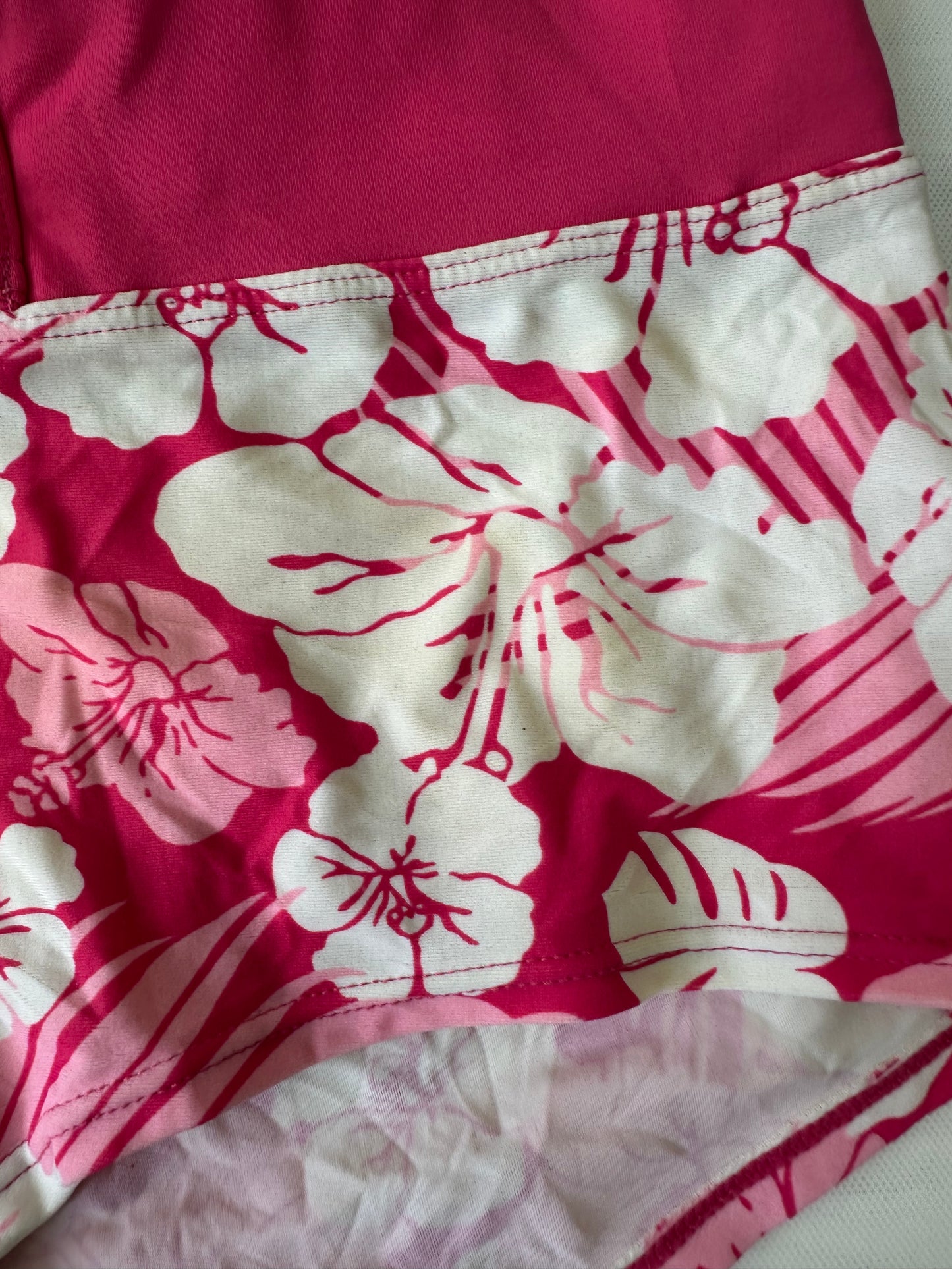 vintage edit twenty-seven | small pink beaded bikini top and hibiscus swim shorts