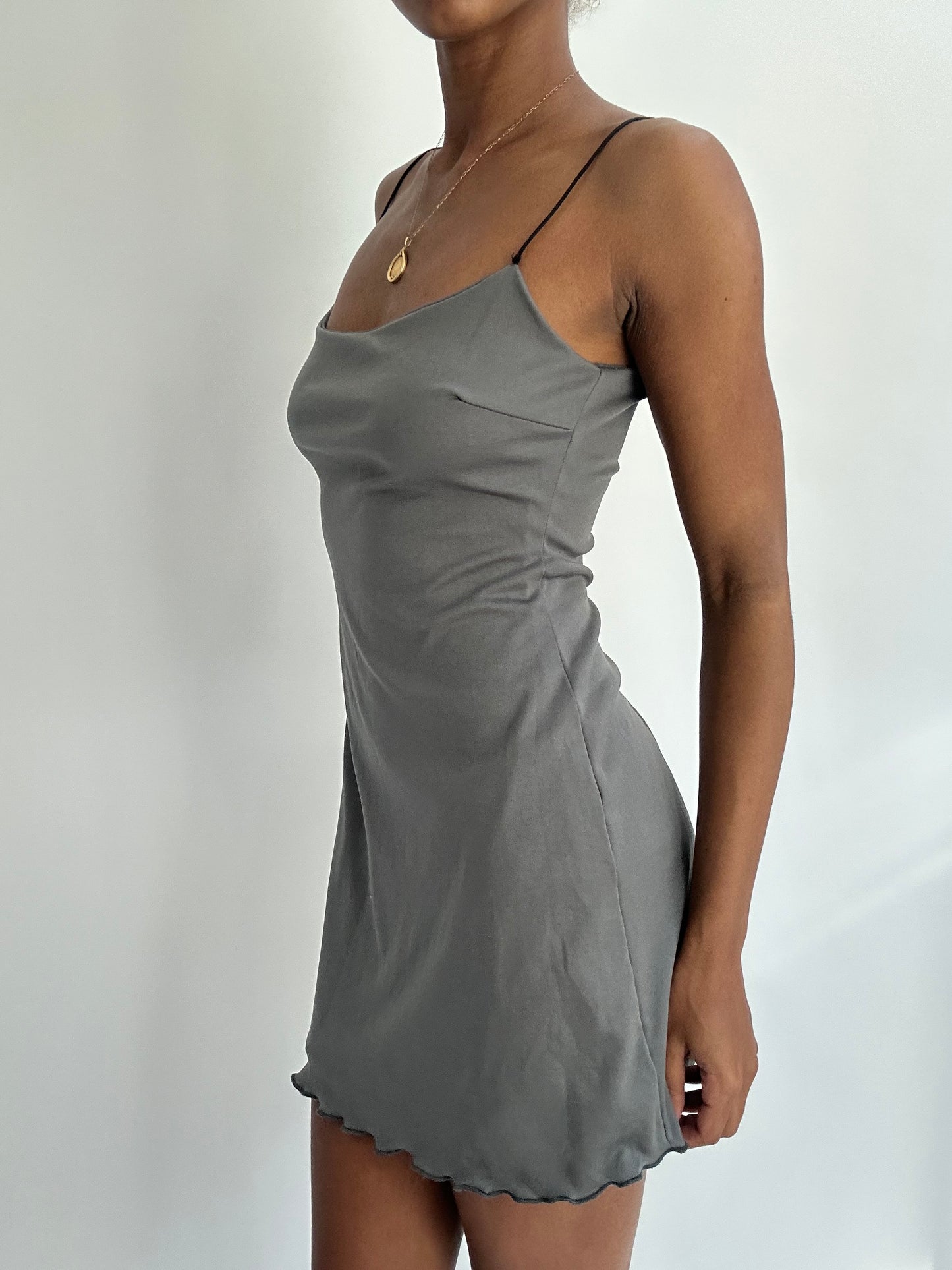 SATC drop | small grey reversible mini dress with mesh overlay